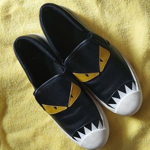 FENDI SHOES BAD BUG MONSTER EYE YELLOW BLACK LEATHER. SLIP ON SNEAKERS. Made in